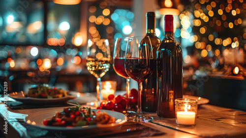 Setting the table in a restaurant with wine. A romantic setting.