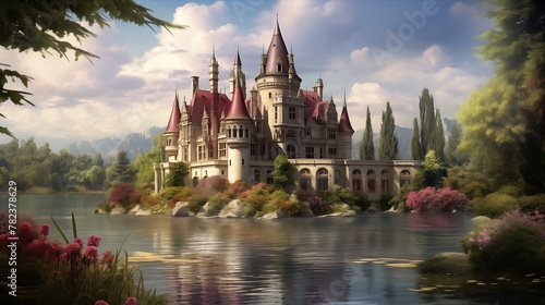  A regal castle, its turrets painted in deep ruby, overlooking a serene lake surrounded by lush greenery.  photo