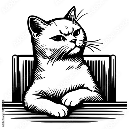 Skeptical cat sketch engraving generative ai PNG illustration. Scratch board imitation. Black and white image.
