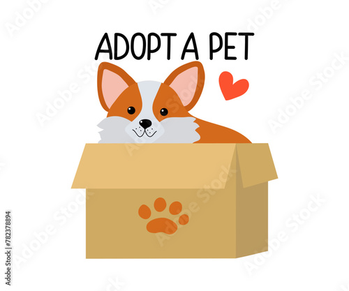 Adopt dog. Cute cartoon homeless puppy in a box, on the street. Adopts pets and fosters them. Pet adoption concept. Text, inscription. Don't buy, help homeless animals find a home. Flat design style.