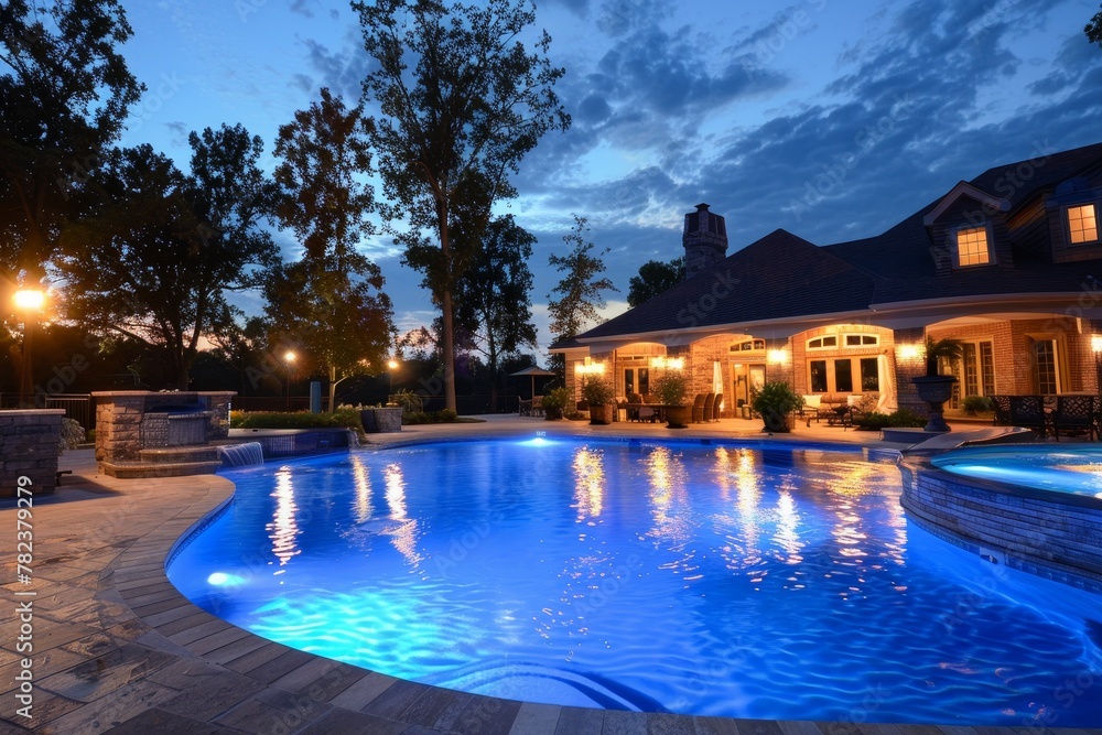 A lovely backyard pool at night