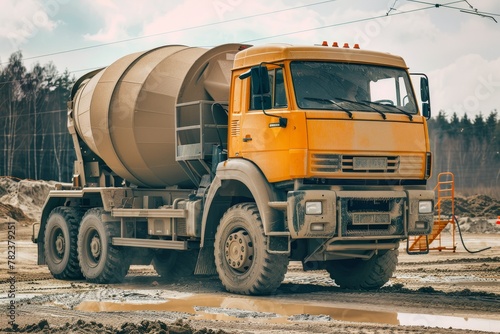 A large concrete mixer truck delivered concrete to the construction site using powerful modern machinery Construction equipment rental