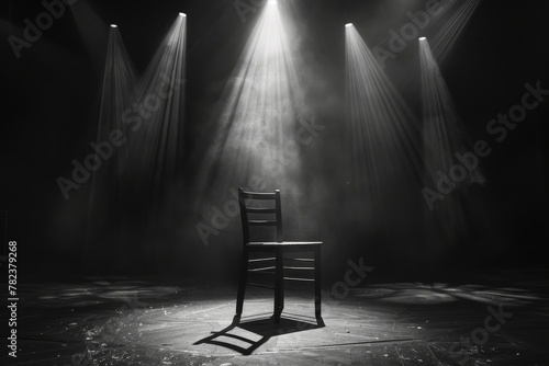 A lone wooden chair on a stage lit by soffits in black and white