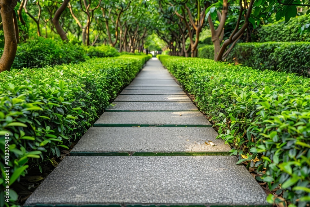 A paved path through nature connecting sections of a building park or garden