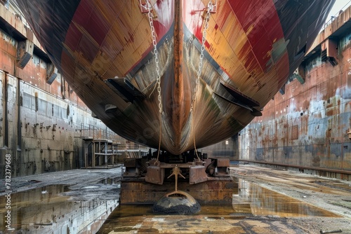 A ship in dry dock with azimuth propulsion and twin aft propellers photo