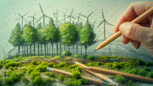 A pencil in hand completes a detailed drawing of a forest and row of wind turbines, creating a blend of art and engineering