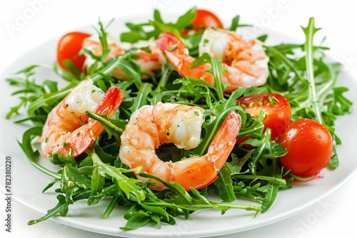 Arugula salad with prawns and tomatoes isolated on white background