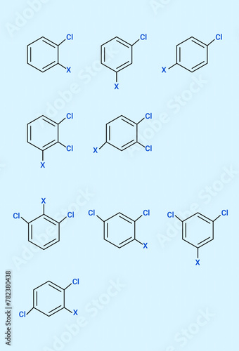 3 Isomeric products, ortho, meta and para disubstitued benzenes photo