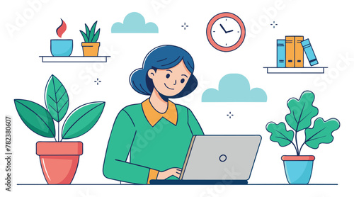 Line Art Vector: Businesswoman with Laptop, House Plant, and Clock, Isolated on White Background
