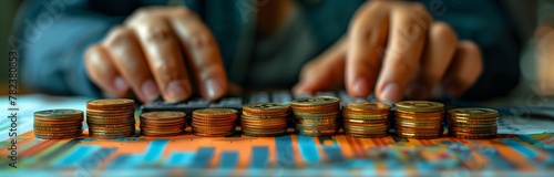 Hand counting coins on table, fingers touching each coin