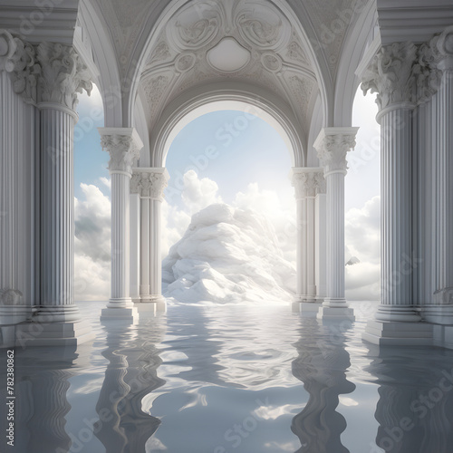 Elegant surreal architecture: White marble columns with a view to a glacier