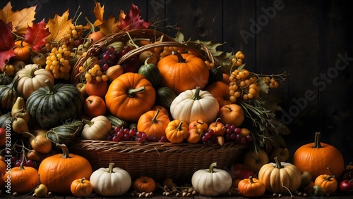 Autumn harvest basket with pumpkins  apples  and pears  a colorful display of seasonal fruits  Thanksgiving background