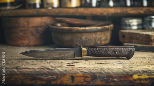 An expertly crafted knife with a wooden handle rests on a well-worn woodworking bench, surrounded by the rich patina of a craftsman's workshop. photo