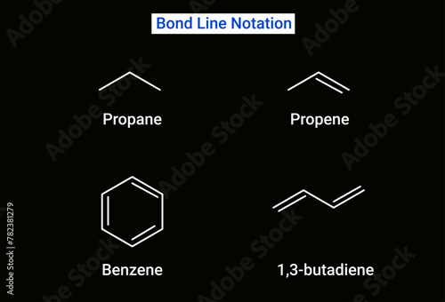 Bond Line Notation of Propane, Propene, Benzene and 1,3 butadiene photo