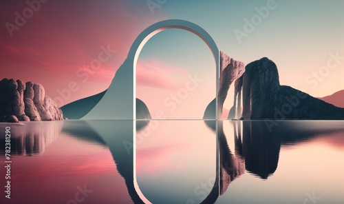 Serene Nordic Seascape with Surreal Arch Reflection Generative AI