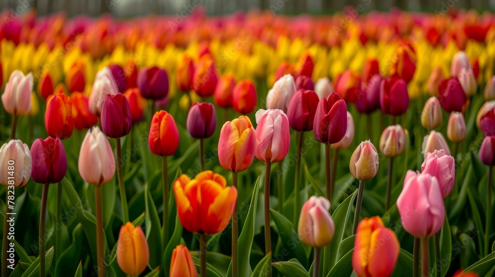 Vibrant field of multicolored tulips in bloom, including red, yellow, orange, and pink varieties, with soft focus background. Vibrant field of multicolored tulips in bloom, including red, yellow, orange, and pink varieties, with soft focus background.
