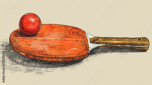 Vintage illustration of one red ping pong paddle and ball, textured background, sports equipment concept. Copy space.