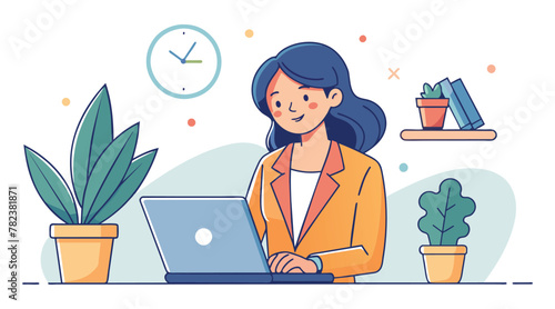 Line Art Vector: Businesswoman with Laptop, House Plant, and Clock, Isolated on White Background