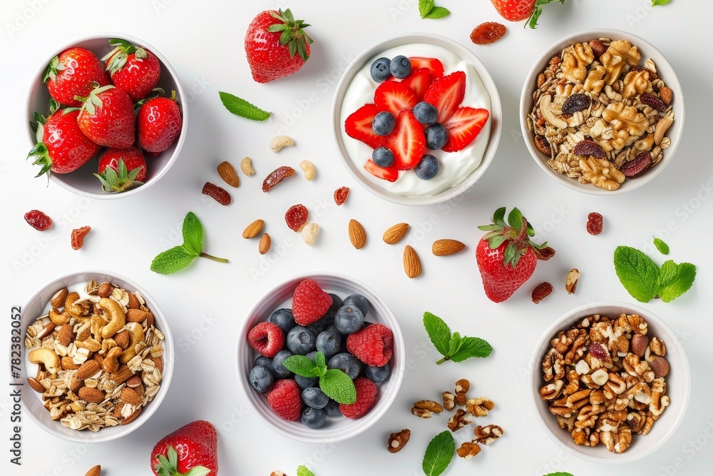 Healthy breakfast with muesli strawberries nuts and fruit on white background Top view Healthy breakfast with muesli strawberries nuts and fruit on white background Top view