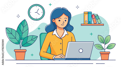Line Art Vector: Businesswoman with Laptop, House Plant, and Clock, Isolated on White Background
