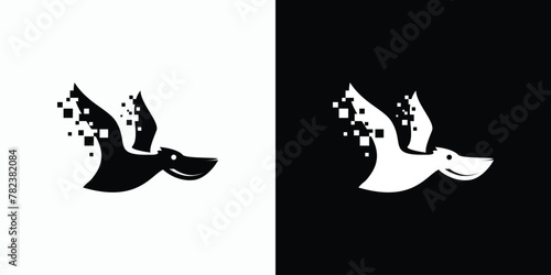 Vector logo design illustration of a pelican bird silhouette with pixel effect modern, simple, clean and abstract style.