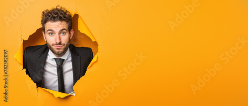 Businessman in a suit peeks through a tear in yellow paper, metaphor for opportunity photo