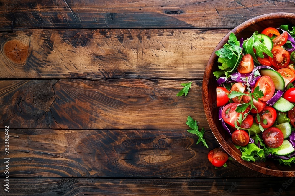 Healthy salad on wooden table top view with space for text Healthy salad on wooden table top view with space for text