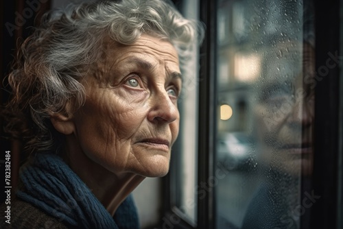 Elderly Woman Looking Out Window Generative AI