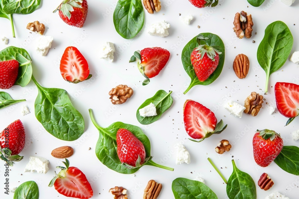 Healthy salad with spinach strawberries nuts and feta on white background Healthy salad with spinach strawberries nuts and feta on white background
