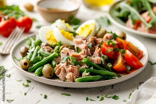 Healthy salad with tuna green beans eggs tomatoes beans olives on a plate