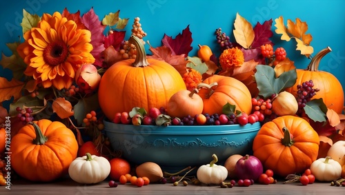 Festive Thanksgiving decor with flowers  pumpkins  grapes  bowl full of fruits and vegetables on a wooden table  blue background adds a touch of elegance