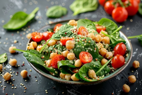 Healthy vegan superfood salad with quinoa tomatoes chickpeas and spinach
