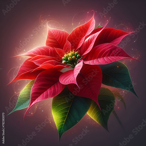 A poinsettia with bright red petals and golden stamens.