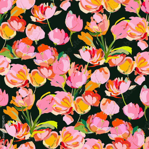 Abstract floral seamless pattern. Bright colors, gouache painting