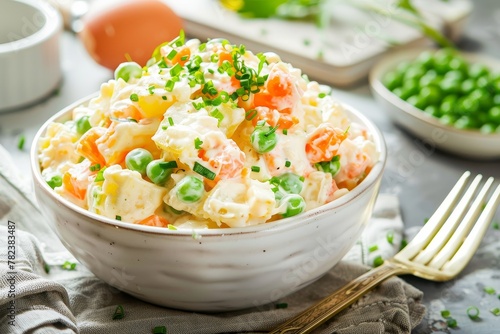 Homemade vegetarian Russian salad with potato carrots peas egg and mayonnaise dressing served in a bowl with a fork