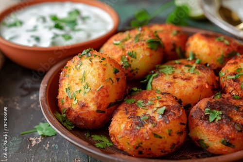 Indian street food Potato Aloo Tikki with yogurt on a table