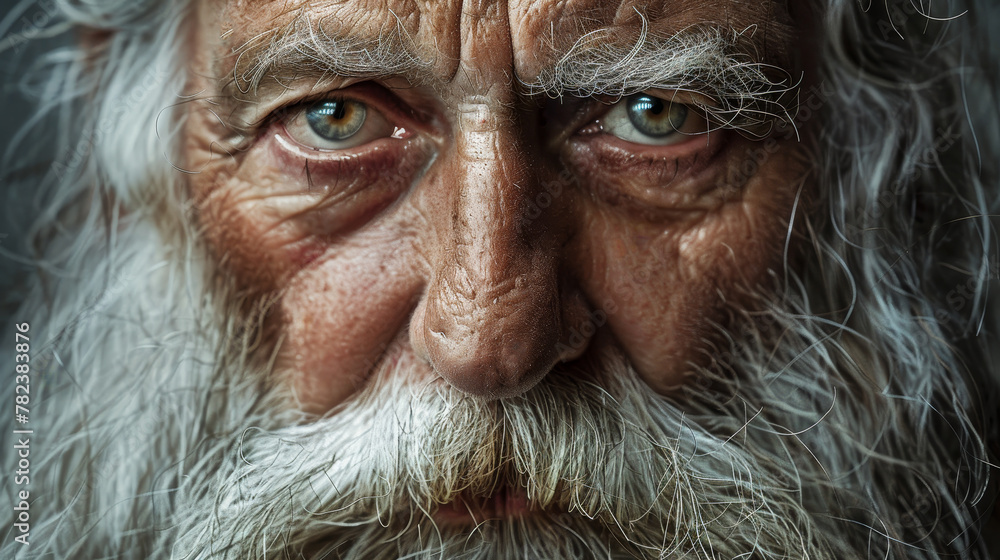 A man with a beard and white hair is staring at the camera. He has a serious expression on his face A man with a beard and white hair is staring at the camera. He has a serious expression on his face
