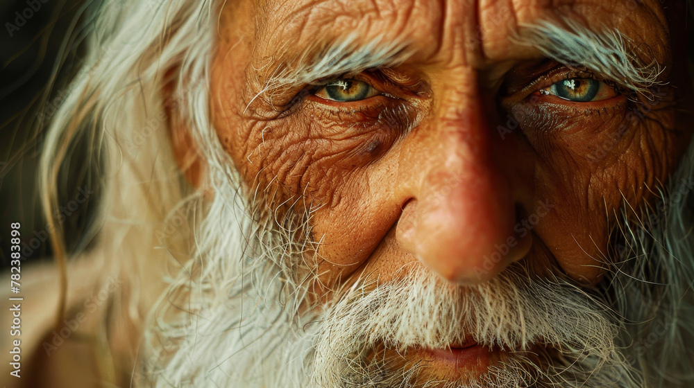 A man with a beard and white hair is staring at the camera. He has a serious expression on his face A man with a beard and white hair is staring at the camera. He has a serious expression on his face