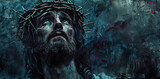 A man with a crown on his head and a cross on his forehead. The image is dark and moody, with a sense of pain and suffering