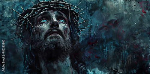 A man with a crown on his head and a cross on his forehead. The image is dark and moody, with a sense of pain and suffering photo