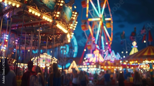The lively carnival scene, bright lights and vivid colors create a blur of excitement, with the silhouettes of joyful visitors wandering among the rides and attractions at dusk.