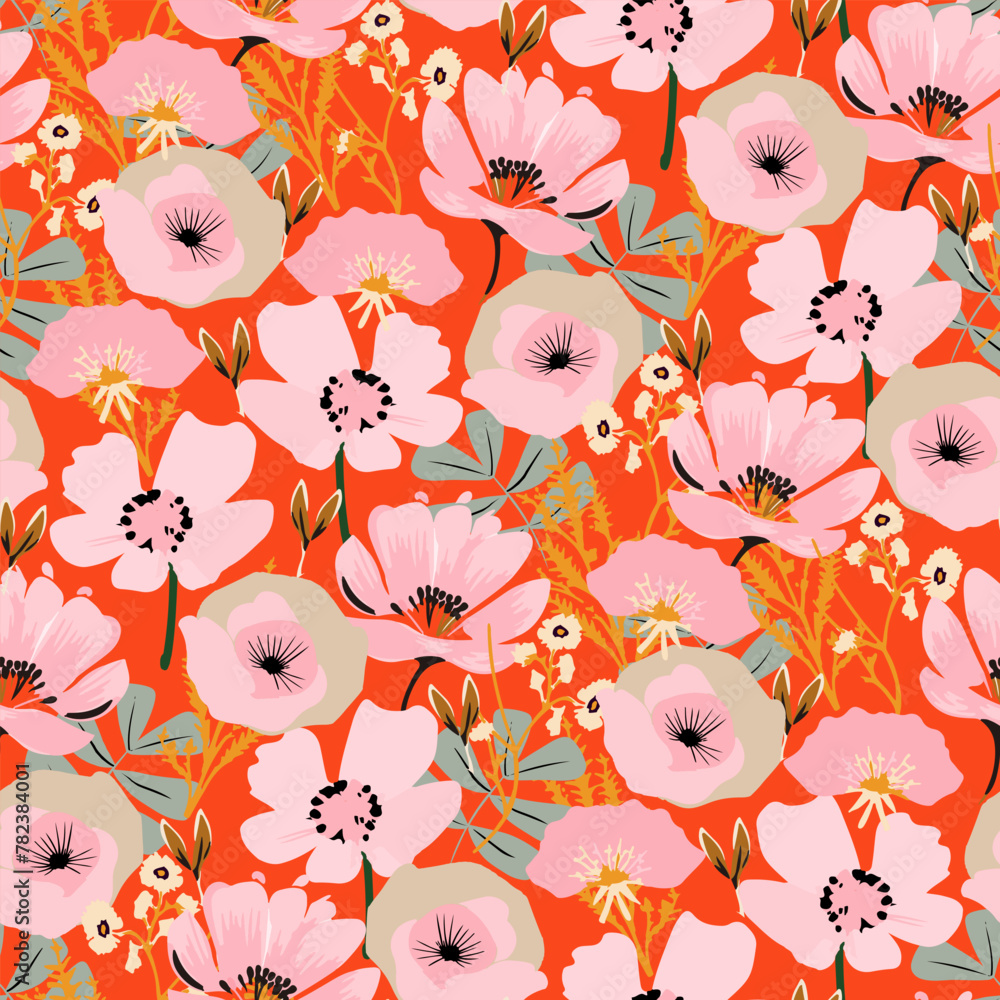 Cute feminine   seamless pattern with wildflowers. - obrazy, fototapety, plakaty 