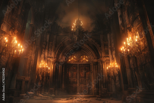 A dark, empty church with a large, ornate door. The door is open and lit by candles