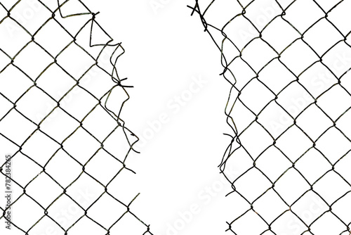 The texture of the metal mesh on a white background. Torn steel, metal mesh with holes photo