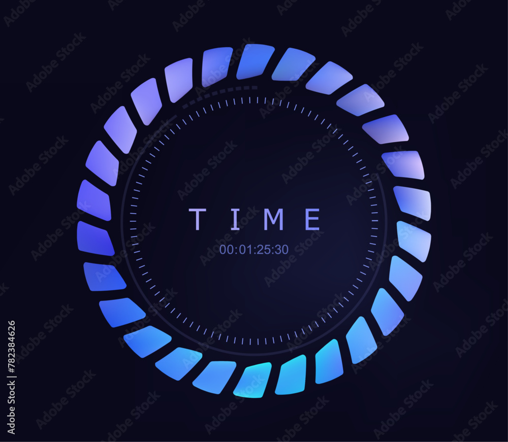 Abstract time icon with numerals, gradient of blue and purple hues, against a dark background. Vector round clock, time symbol Abstract time icon with numerals, gradient of blue and purple hues, against a dark background. Vector round clock, time symbol
