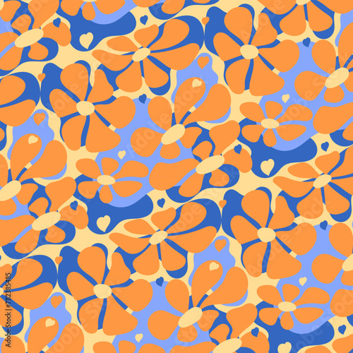 A simple retro pattern with painted orange flowers on blue-blue abstract spots