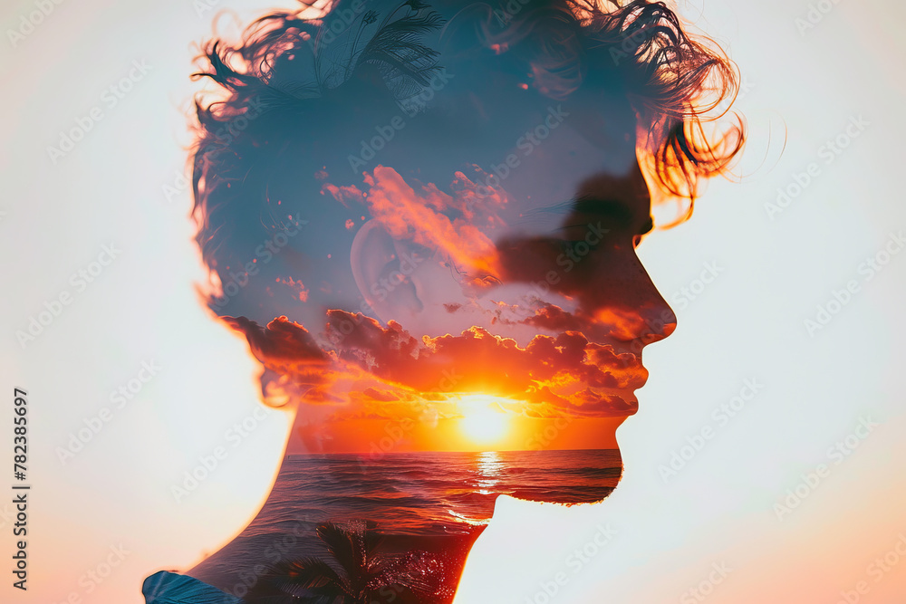 A man's face is shown in a distorted way, with the ocean and sky in the background. Concept of mystery and intrigue, as the viewer is left to wonder what the man's true identity is A man's face is shown in a distorted way, with the ocean and sky in the background. Concept of mystery and intrigue, as the viewer is left to wonder what the man's true identity is