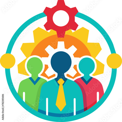 Joint Effort Symbolized: Teamwork Icon with People and Gear Signifying Mutual Support, Unity Circle Icon Transparent Background