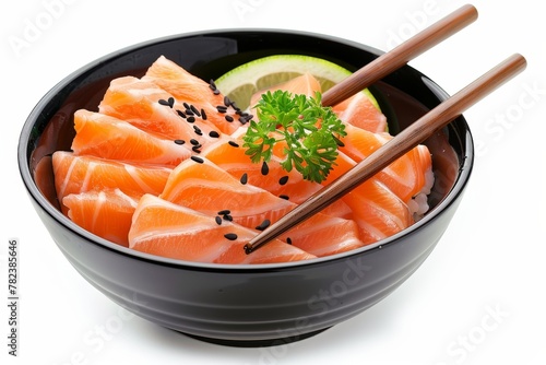Isolated raw salmon with chopsticks on white background