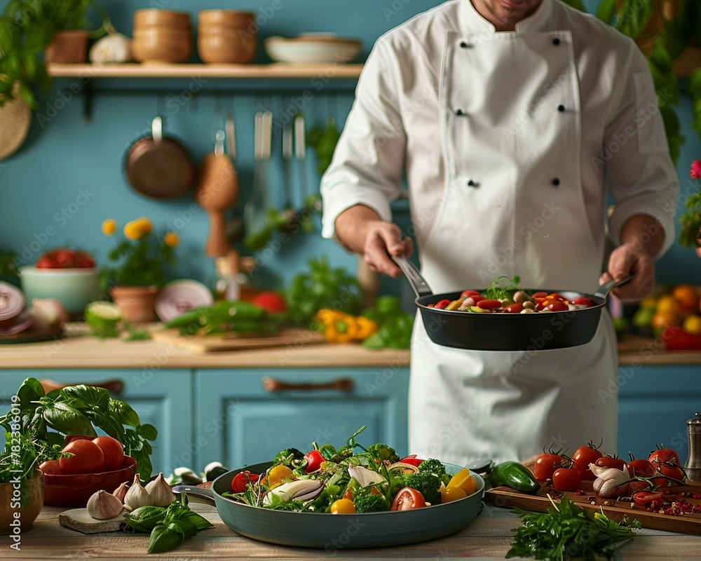 Professional chef in a white coat expertly, a fresh vegetable salad in a pan, surrounded by an array of vibrant, fresh produce on a busy kitchen counter. Professional chef in a white coat expertly, a fresh vegetable salad in a pan, surrounded by an array of vibrant, fresh produce on a busy kitchen counter.
